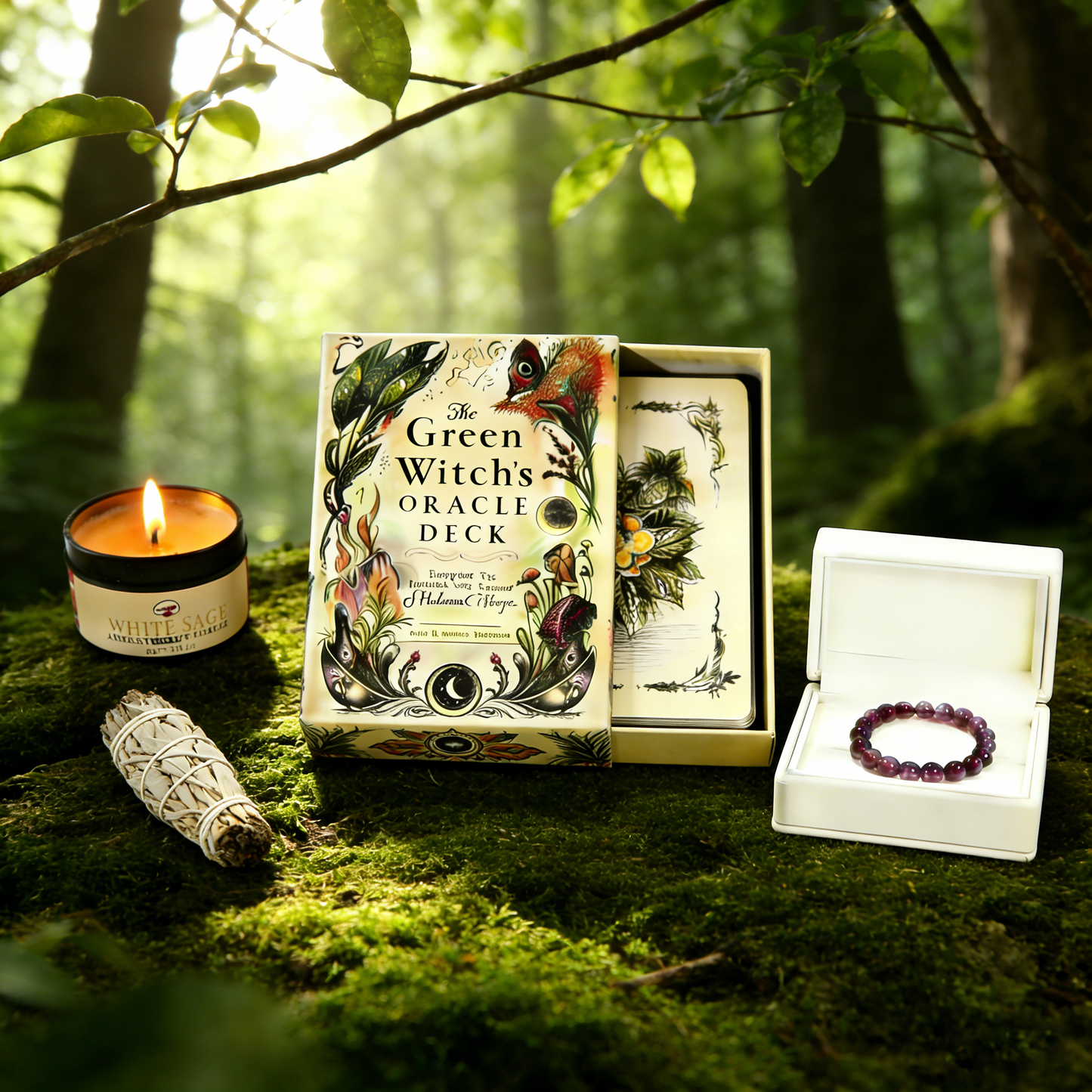 Green Witch Cleansing Kit: Purple Crystal Bracele, Oracle Deck & White Sage Candle