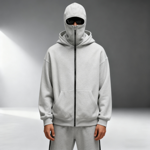 Mens Balaclava Hoodie Double Hooded Zip Jacket 