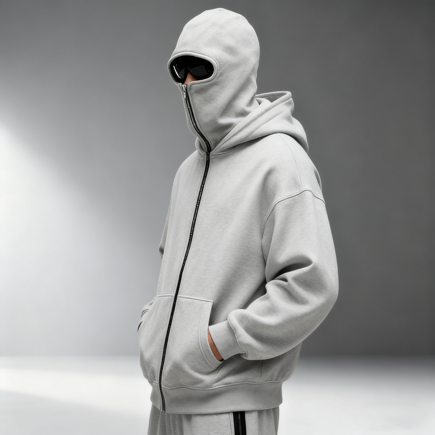 Mens Balaclava Hoodie Double Hooded Zip Jacket 