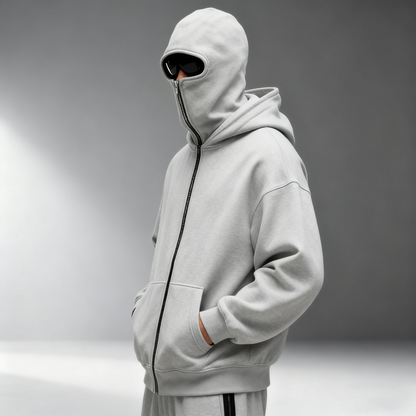 Mens Balaclava Hoodie Double Hooded Zip Jacket 