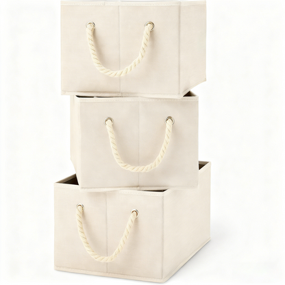 Natural Linen Rope-Handled Storage Bins (Set of 3)