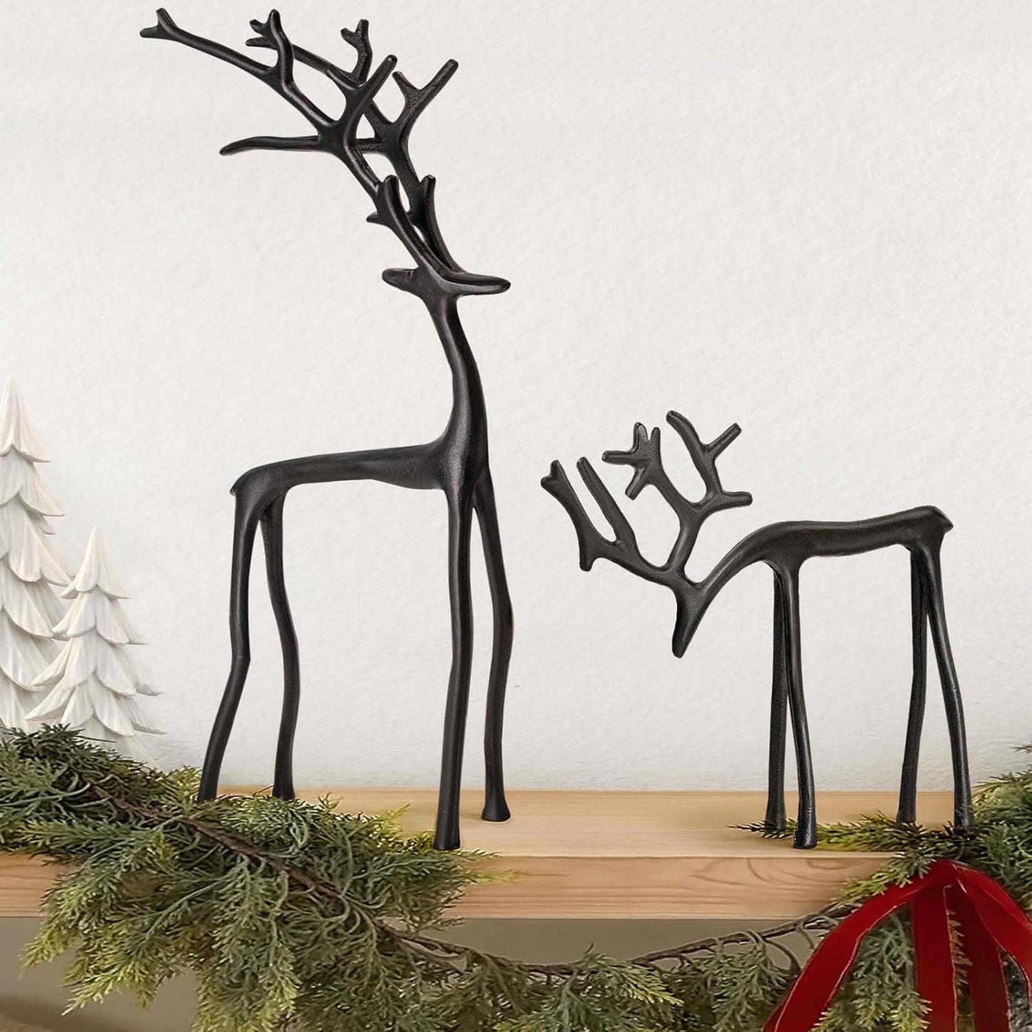 Christmas Decorations - Set of 2 Black Reindeer Statues