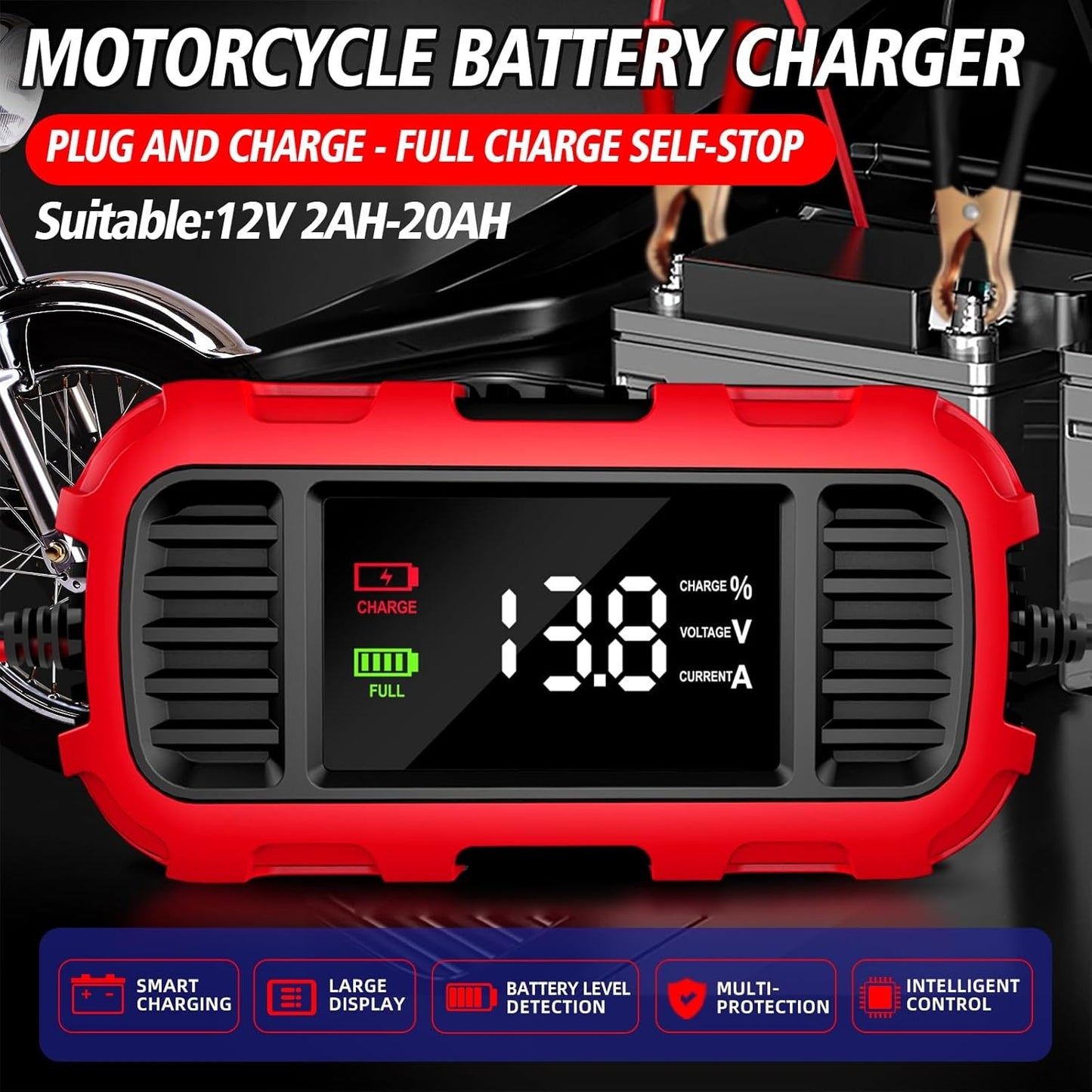 12V 2A Car Battery Charger Digital Display Smart Battery Charging