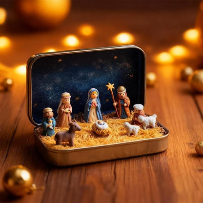 Mini Christmas Nativity Set in a Tin Box